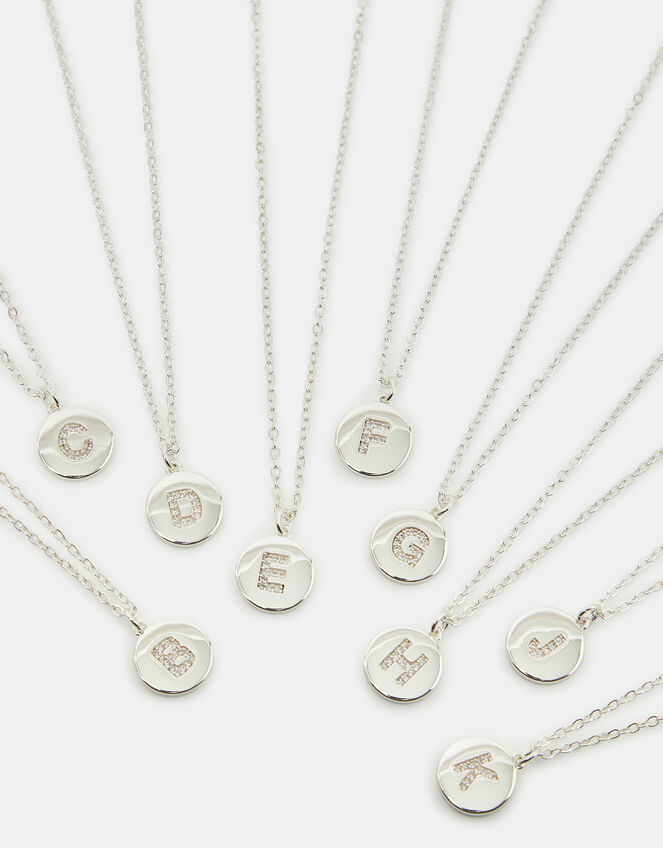 Sterling Silver-Plated Diamante Initial Round Pendant Necklace, Silver (ST SILVER), large