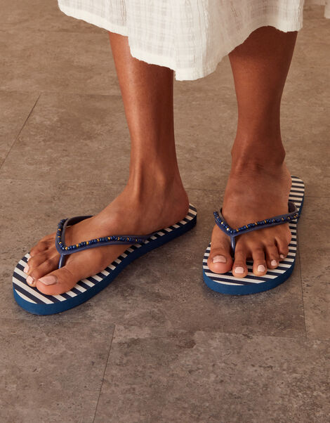 Beaded Nautical Stripe Flip Flops, Blue (NAVY), large