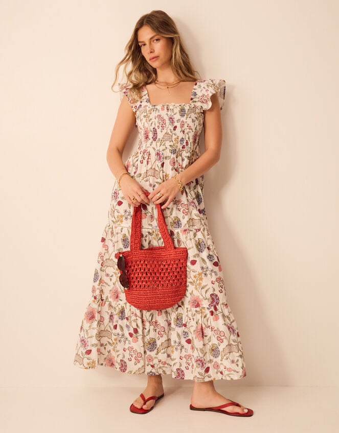 Floral Print Tiered Maxi Dress, Ivory (IVORY), large