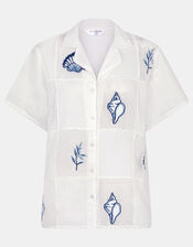 Shell Embroidered Patchwork Shirt, Ivory (IVORY), large