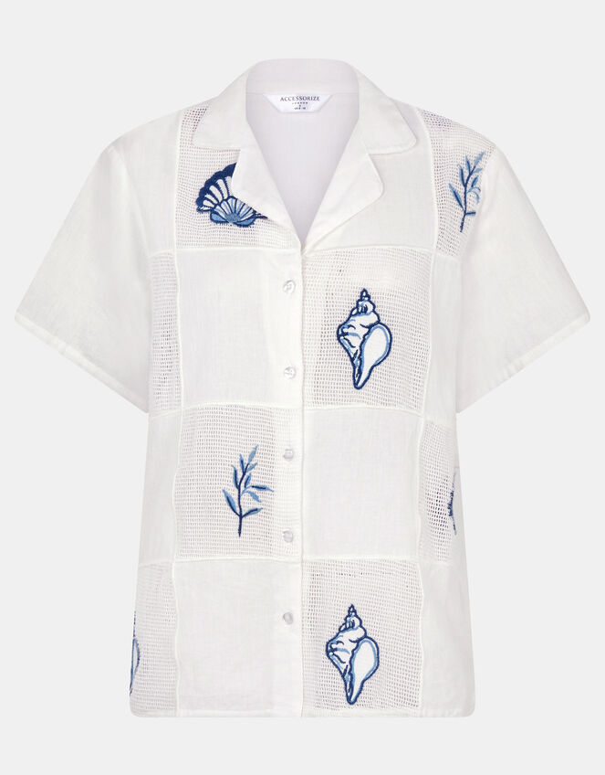 Shell Embroidered Patchwork Shirt, Ivory (IVORY), large