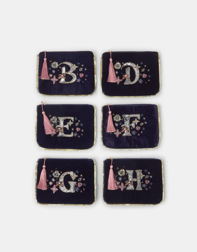 Embellished Initial Velvet Pouch , Blue (NAVY), large