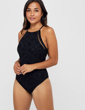 High Neck Lace Swimsuit, Black (BLACK), large