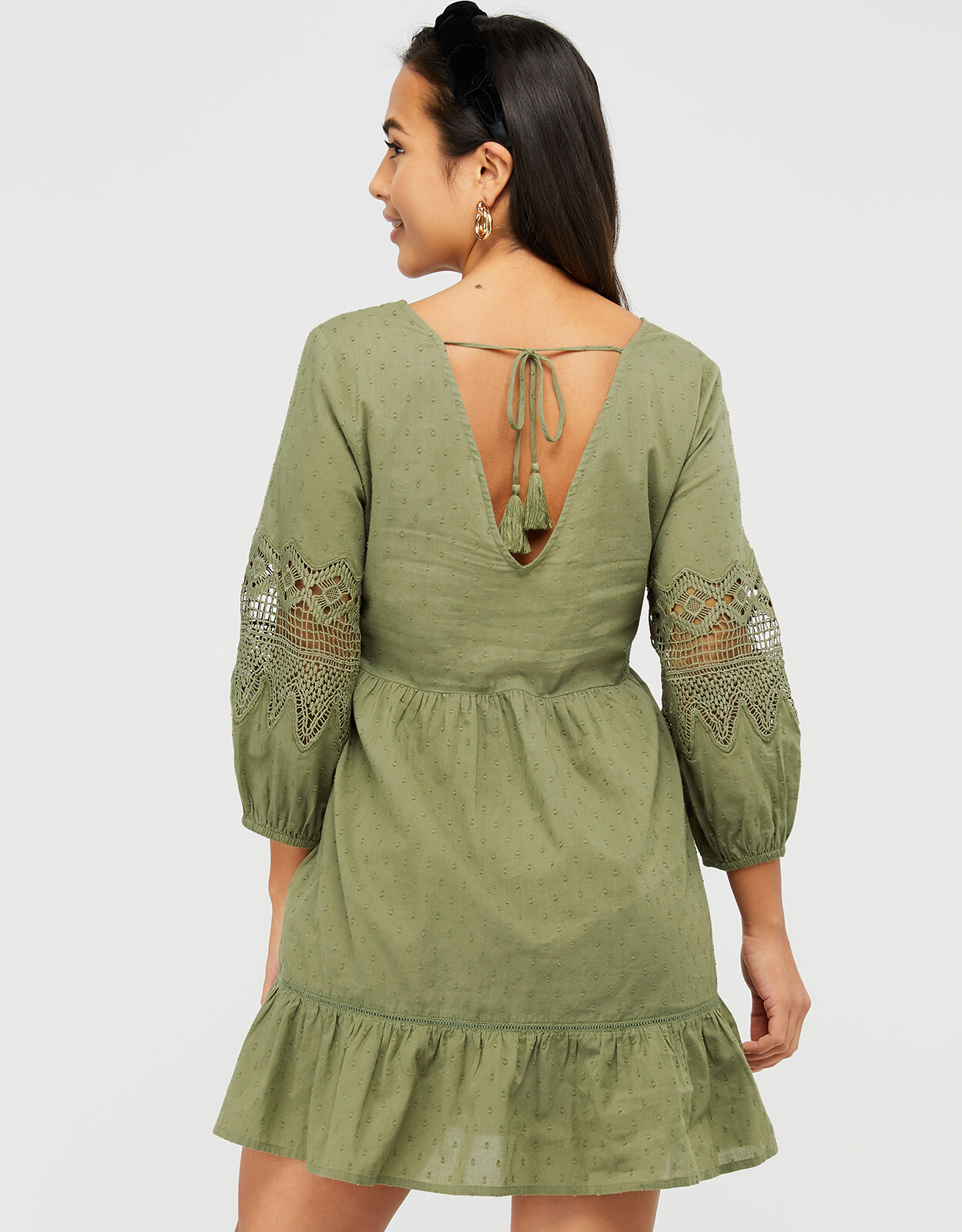 Lace Insert Smock Dress in Organic Cotton Green Beach holiday