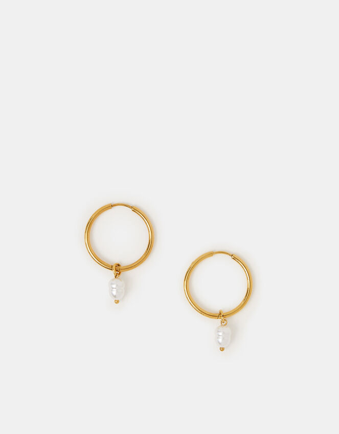 14ct Gold-Plated Stainless Steel Pearl Hoop Earrings, , large