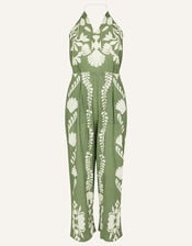 Ornamental Print Halter Jumpsuit, Green (KHAKI), large