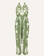 Ornamental Print Halter Jumpsuit, Green (KHAKI), large