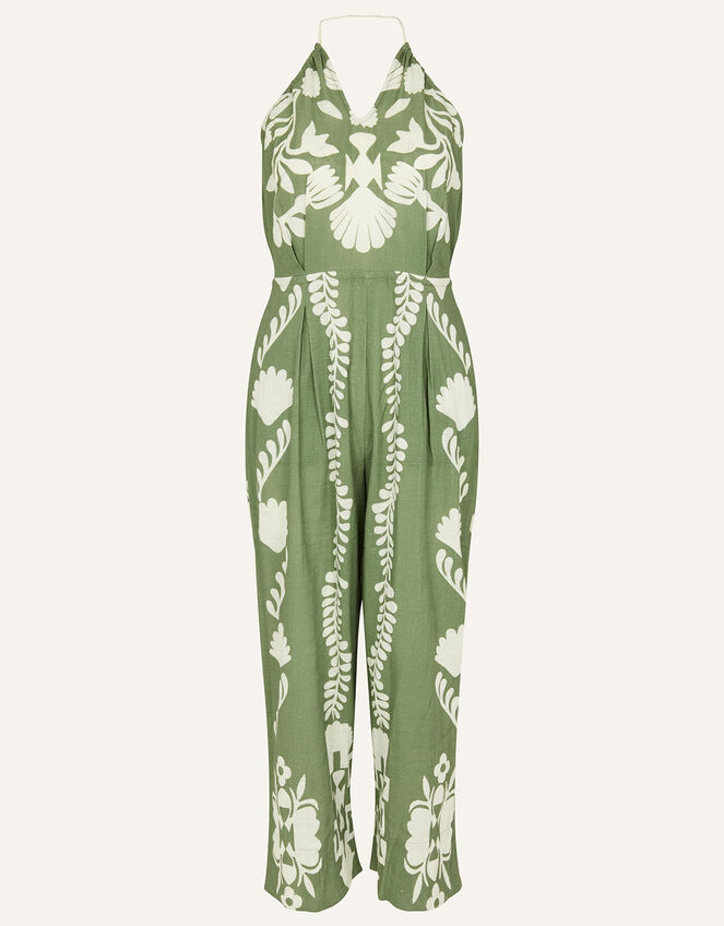 Ornamental Print Halter Jumpsuit, Green (KHAKI), large