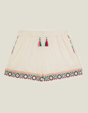 Girls Seersucker Embroidered Shorts, White (WHITE), large