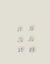 3-Pack Sterling Silver Diamante Stud Earrings, , large