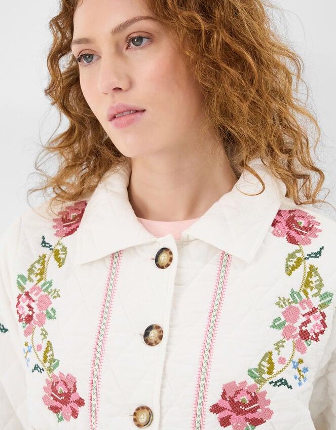 Floral Embroidered Quilted Jacket, Ivory (IVORY), large