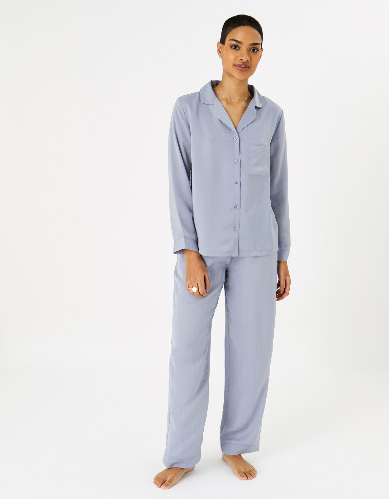 Crinkle Satin Button Pyjama Set Grey 
