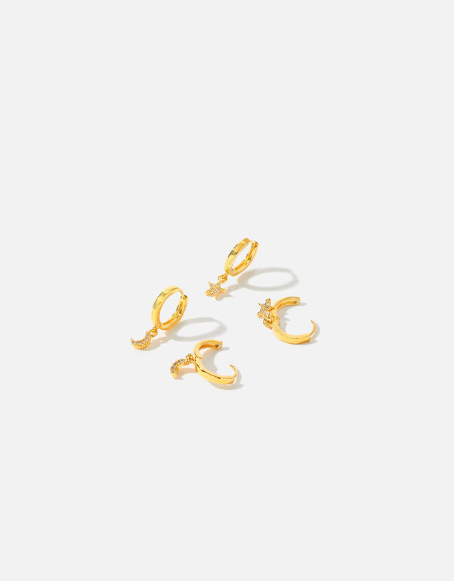 14ct Gold-Plated Star and Moon Hoops Set of Two, , large