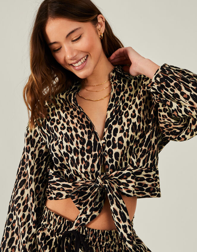 Leopard Print Tie Front Shirt Brown | Hoodies | Accessorize UK