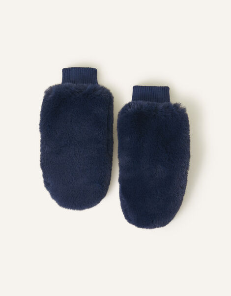 Faux Fur Mittens, Blue (NAVY), large