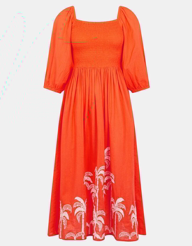 Palm Embroidered Puff-Sleeve Midi Dress, Orange (CORAL), large