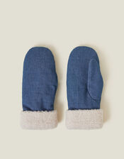 Faux Shearling Cuff Denim Mittens, , large