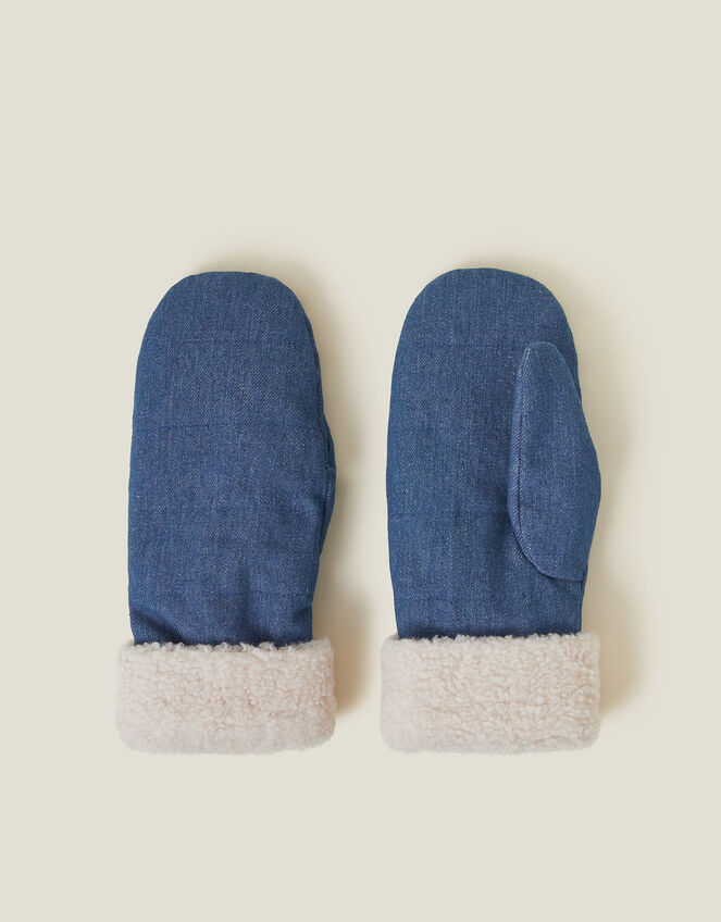 Faux Shearling Cuff Denim Mittens, , large