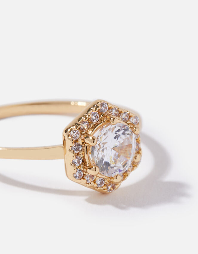 Gold-Plated Sparkle Hex Solitaire Ring, Gold (GOLD), large
