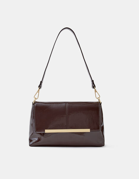 Fold Over Patent Faux Leather Shoulder Bag, , large