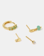 4-Pack 14ct Gold-Plated Aventurine Stone Stud & Hoop Earrings, , large