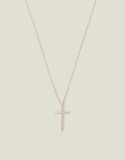 Sterling Silver-Plated Diamante Cross Pendant Necklace, , large