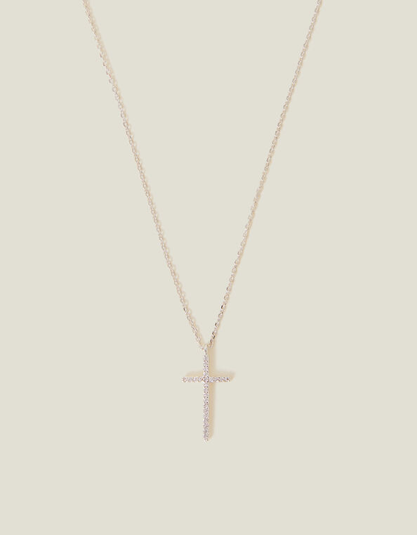Sterling Silver-Plated Diamante Cross Pendant Necklace, , large