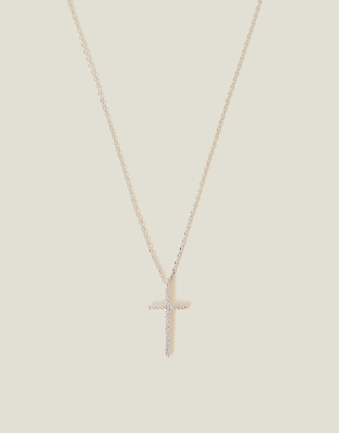 Sterling Silver-Plated Diamante Cross Pendant Necklace, , large