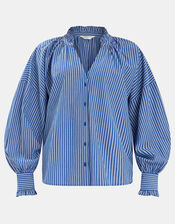 Stripe Frill Blouson Blouse, Blue (BLUE), large
