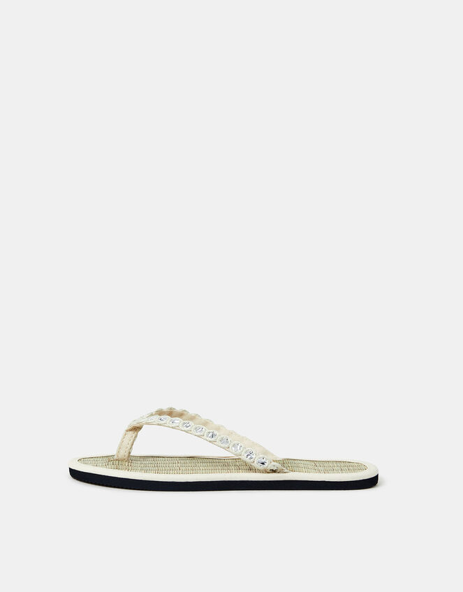 Mirror Embellished Seagrass Flip Flops, Cream (CREAM), large