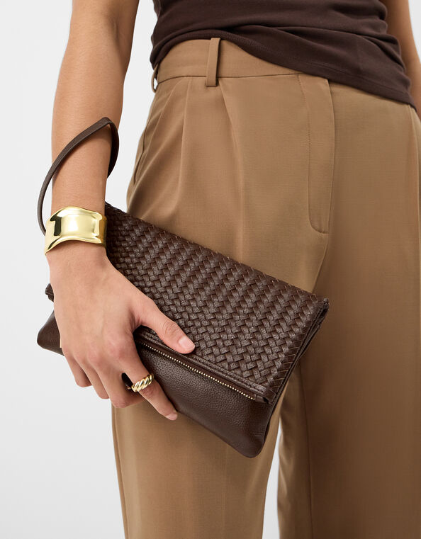 Woven Leather Clutch Bag, Brown (CHOCOLATE), large