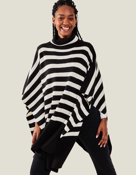 Stripe Roll Neck Poncho, Black (BLACK WHITE), large