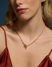 14ct Gold-Plated Healing Stone Bead T-Bar Necklace, Pink (ROSE PINK), large