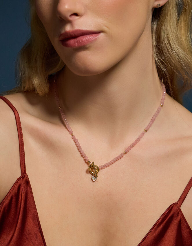 14ct Gold-Plated Healing Stone Bead T-Bar Necklace, Pink (ROSE PINK), large
