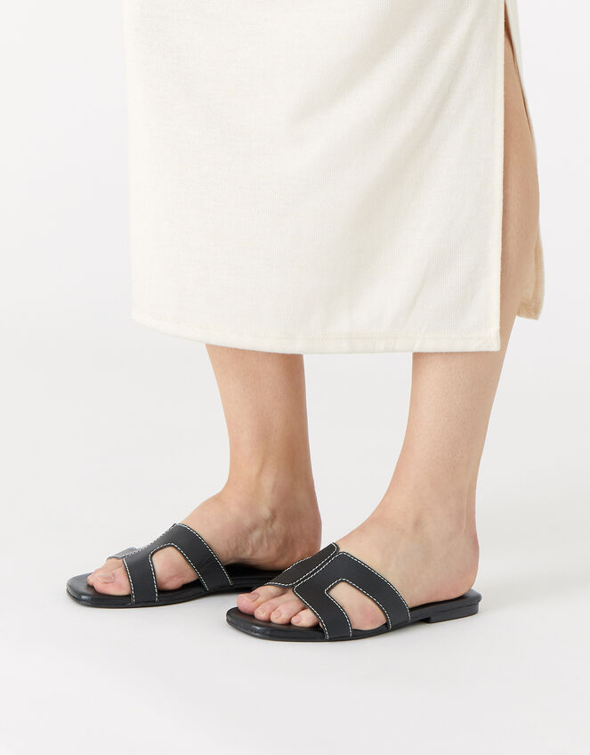 Contrast Stitch Leather Sandals , Black (BLACK), large