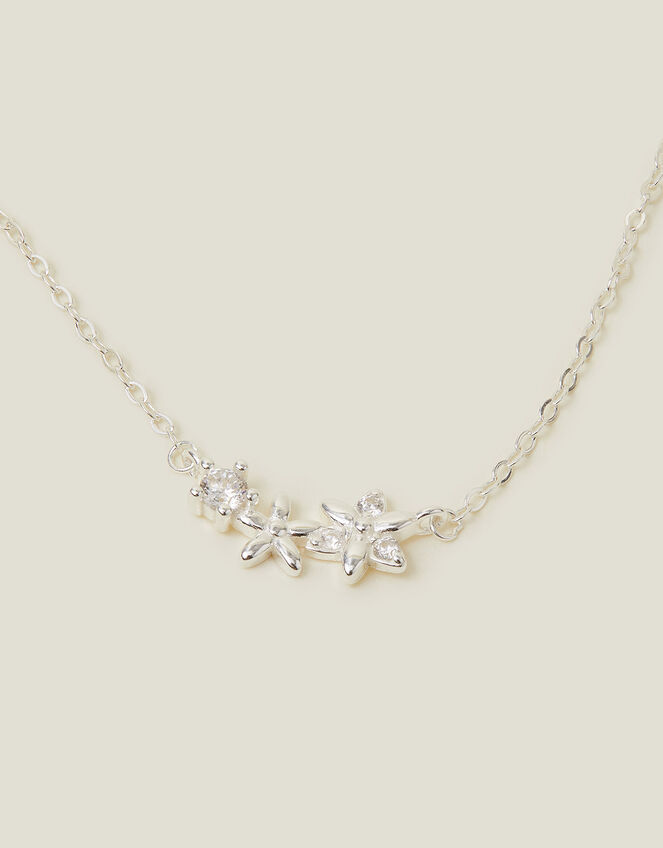 Sterling Silver-Plated Sparkle Flower Necklace, , large