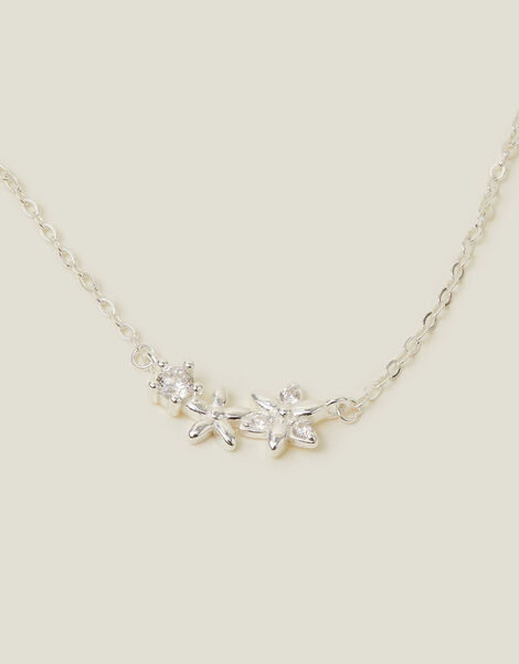 Sterling Silver-Plated Sparkle Flower Necklace, , large