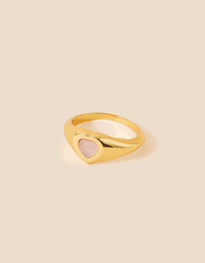 Gold-Plated Rose Quartz Heart Signet Ring, Pink (PINK), large