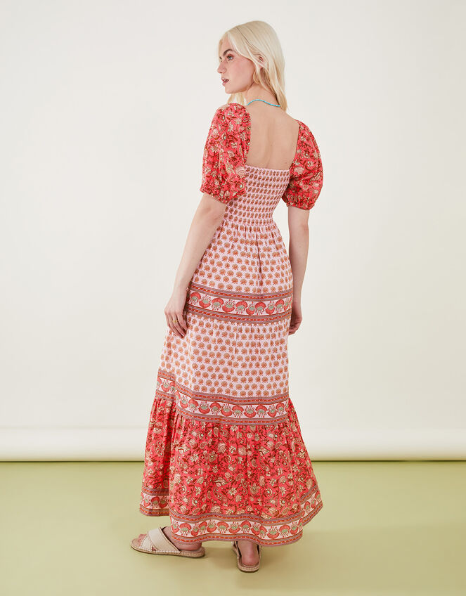 Shell Print Puff Sleeve Midi Dress, Orange (CORAL), large