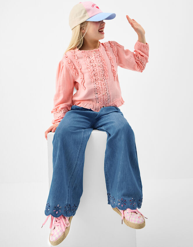 Girls Broderie Chambray Trousers, Blue (BLUE), large