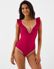 Ruffle Plunge Swimsuit, Red (RED), large
