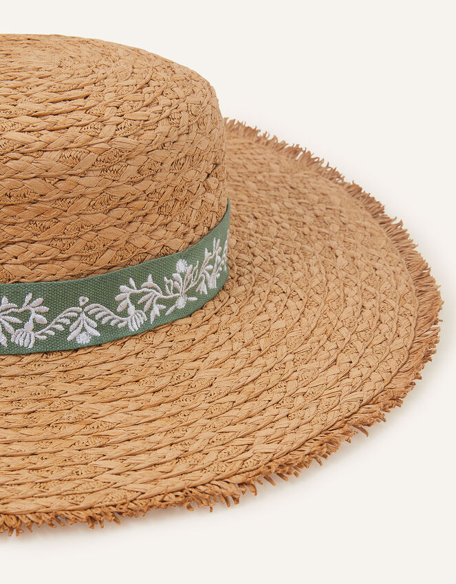 Embroidered Band Boater Hat, , large