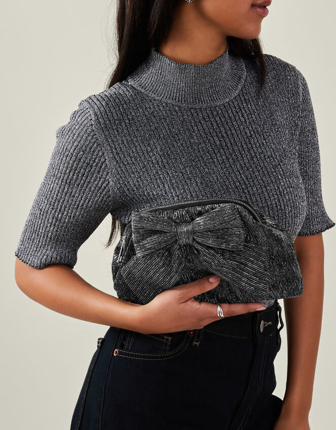 Metallic Plisse Bow Clutch Bag, , large