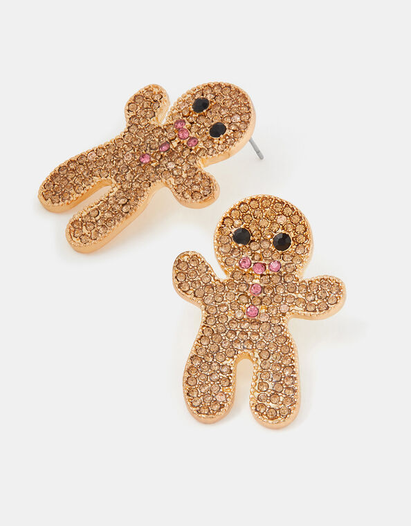 Diamanté Gingerbread Man Stud Earrings, , large
