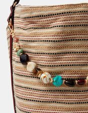 Stripe Beaded Charm Shoulder Bag, , large