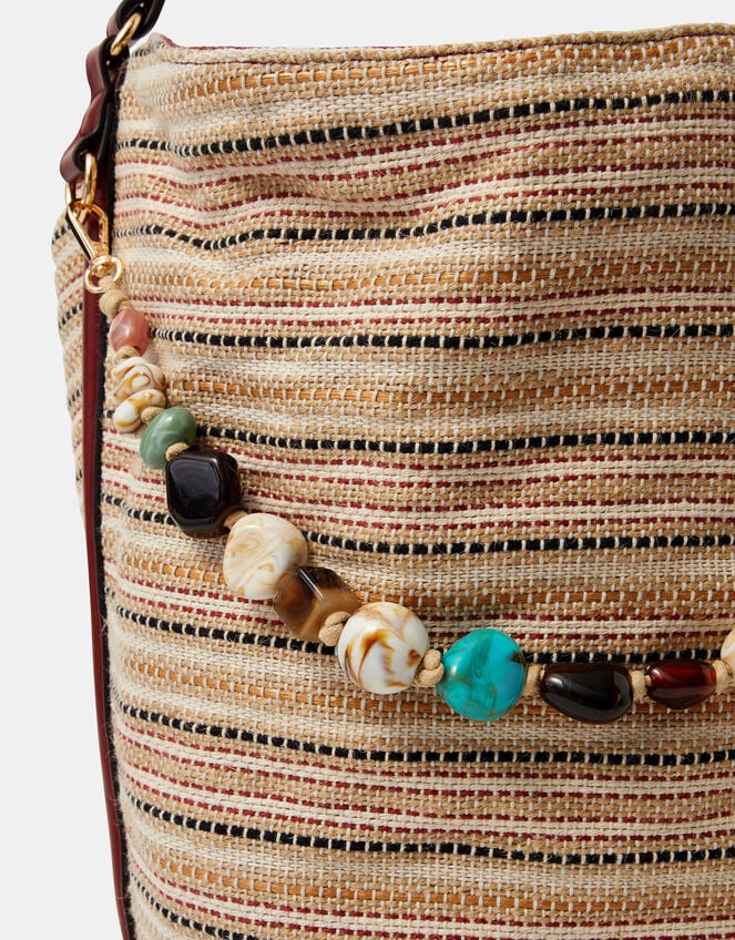 Stripe Beaded Charm Shoulder Bag, , large