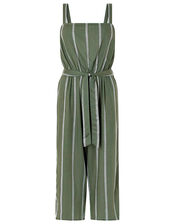 Striped Jumpsuit with Waist Belt, Green (KHAKI), large