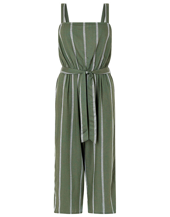 Striped Jumpsuit with Waist Belt, Green (KHAKI), large