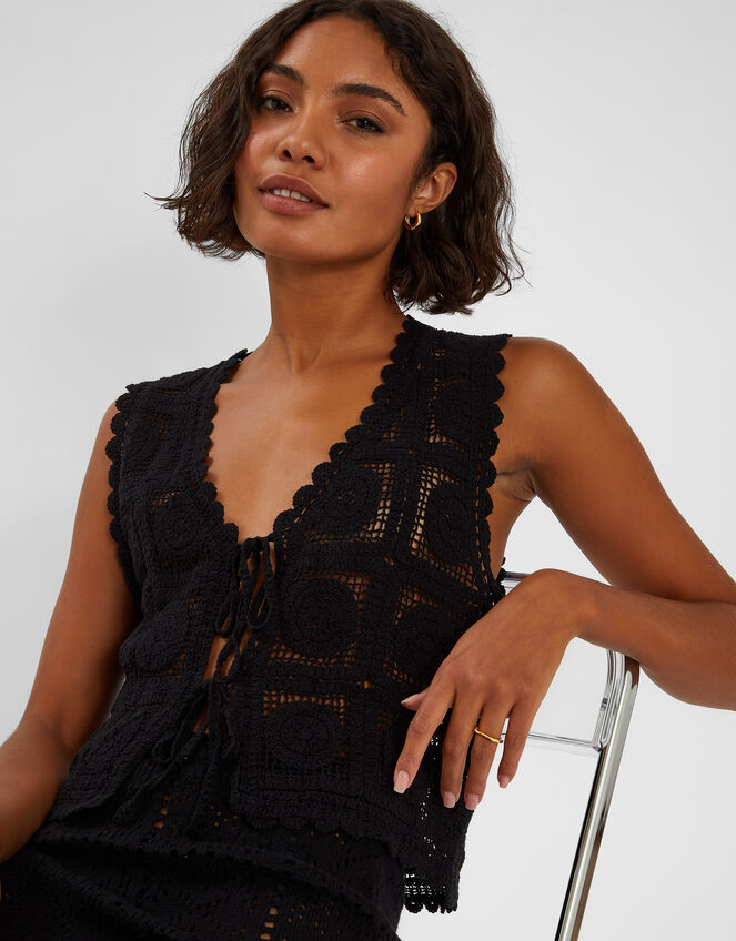 Crochet Lace Waistcoat, Black (BLACK), large