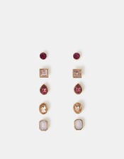 5-Pack Gem Stud Earrings Pink, , large